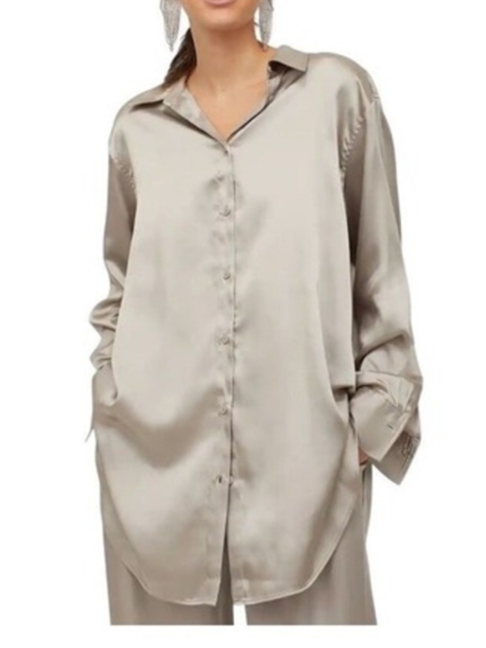 H&M Satin Button-Up Tunic Shirt Dress Champagne Beige Size S